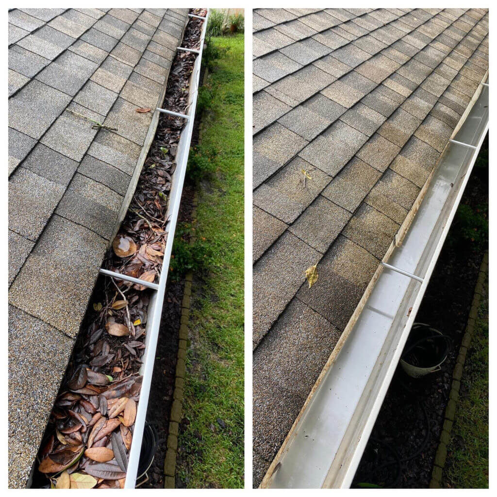 Before and after images showcasing a gutter on a roof provided by Gutter Cleaning Service in Portland OR, the first filled with leaves and debris, and the second cleaned and empty.