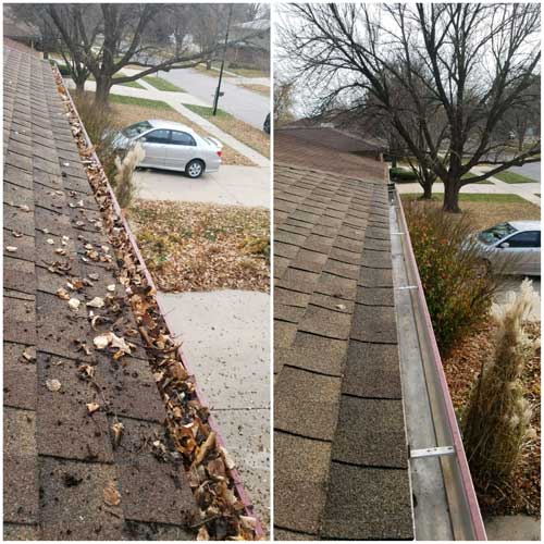 Before and after images of a gutter cleaning service in Portland, OR; the left shows a gutter full of leaves, while the right shows the clean gutter with debris removed.
